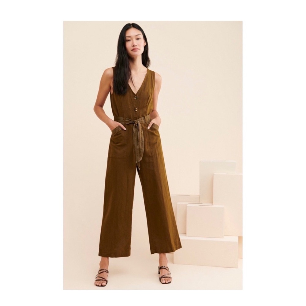 Anthropologie Size 8 Linen Cotton Utility Jumpsuit Olive Brown Wide Leg Workwear